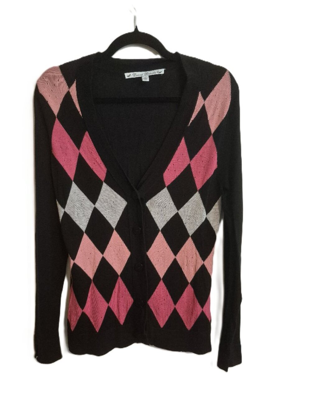 David Brooks Classic Silk Argyle V-Neck Cardigan Large